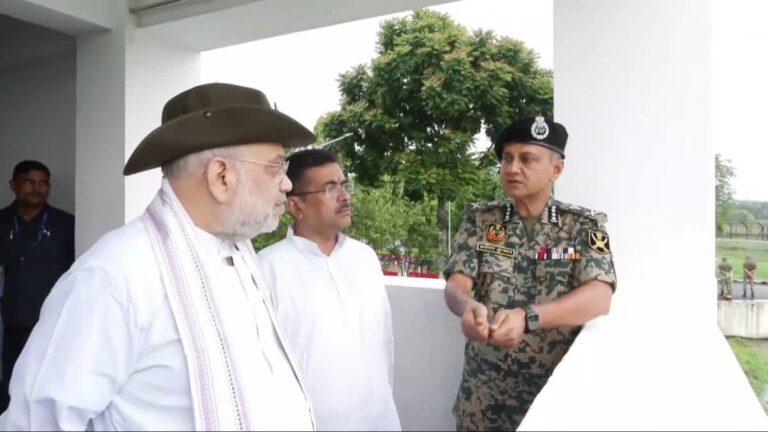 Union Home Minister Amit Shah and Bengal CM Suvendu Adhikari review patrolling at the Jhumagach Border Outpost on Saturday.