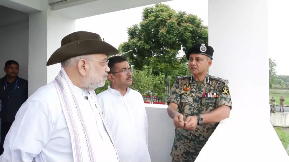 Union Home Minister Amit Shah and Bengal CM Suvendu Adhikari review patrolling at the Jhumagach Border Outpost on Saturday.
